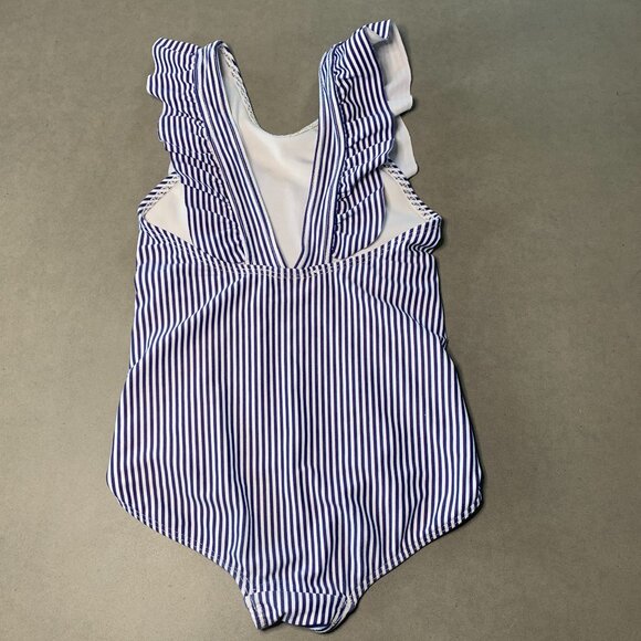 Minnow Swim Navy Stripe Ruffle One-Piece Swimsuit | Girls 3/4T - Picture 2 of 3